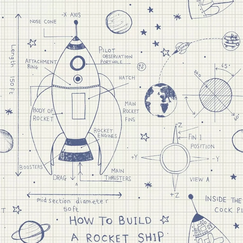 Wallquest wallpaper DA60702 Rocket Ship White and Navy kids room playroom bundle